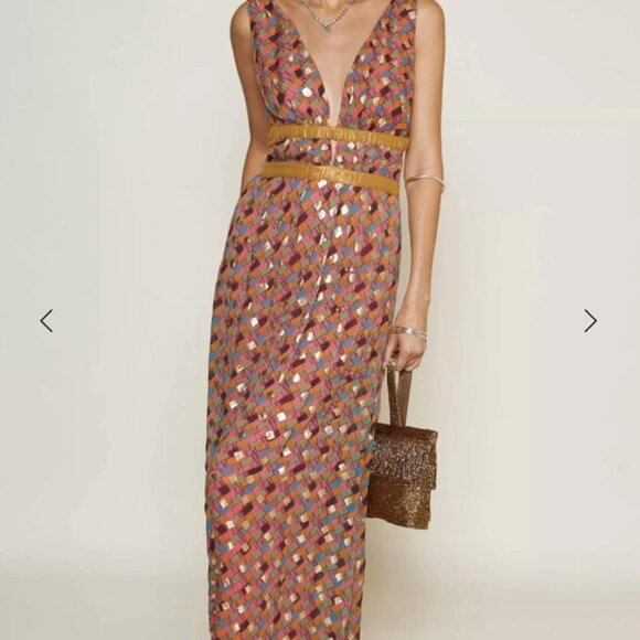 RIXO Charlotte Lamé Chiffon Gown Multicolor Mosaic Dress